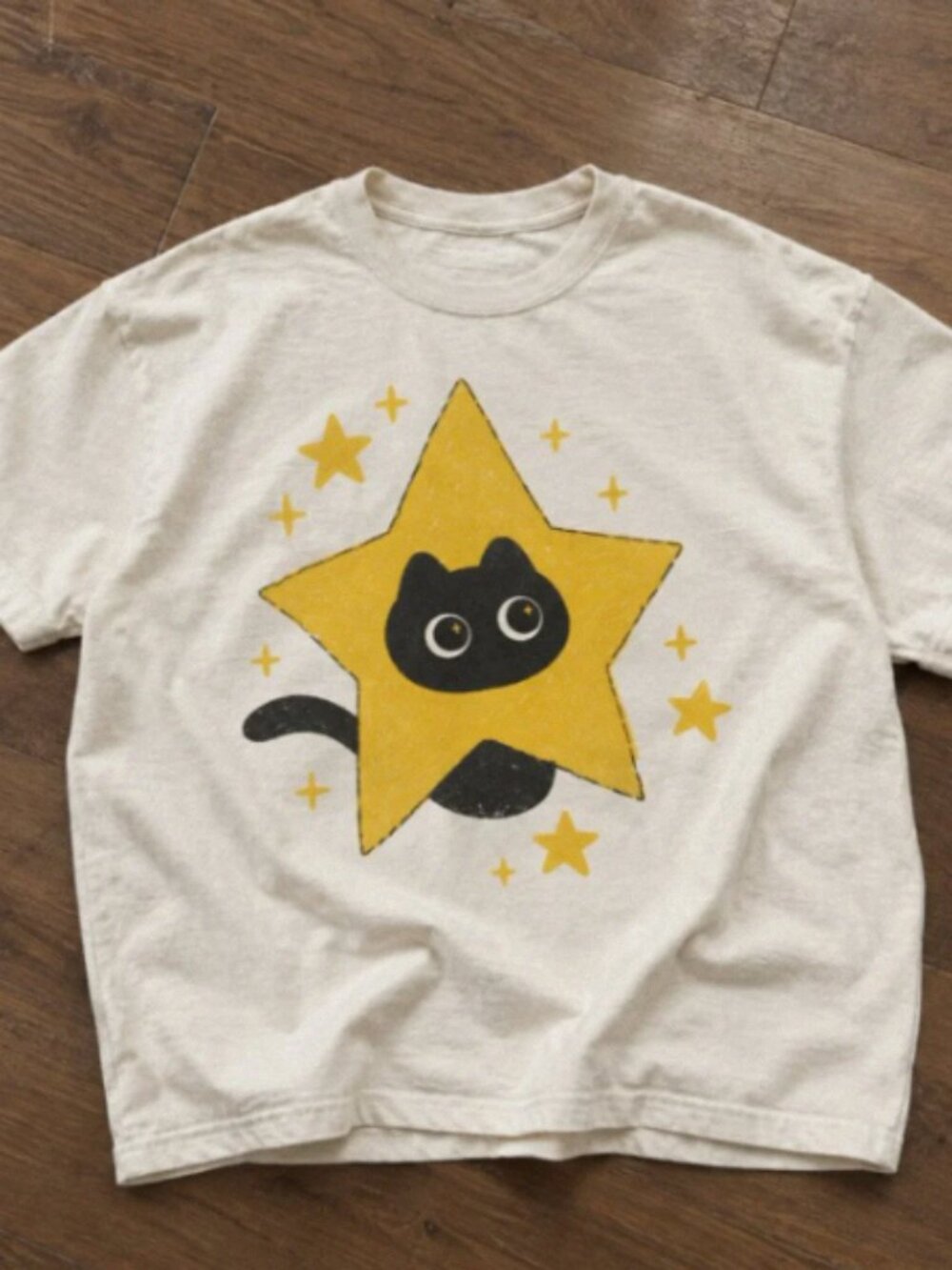 Cute Black Cat Star Graphic T-Shirt Vintage Cartoon Cream Tee